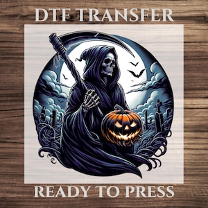 Grim Reaper Halloween DTF Transfer, Scary Skeleton with Pumpkin Heat Press Design, Dark Cemetery Spooky Shirt Design Ready To press, Death