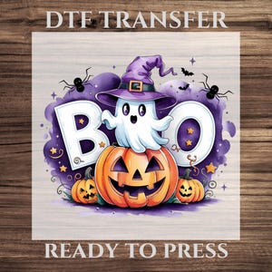 Cute Halloween Boo Ghost DTF Transfer, Witch Hat Ghost with Pumpkins Ready To Press, Purple Spooky Season Print, Boo Ghost Halloween Decal