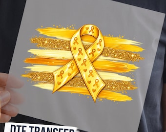 Gold Ribbon Childhood Cancer Awareness DTF Transfer, Glitter Support September Ready to Press Graphic