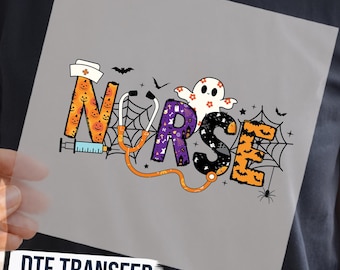 Transfert DTF Infirmière Halloween, Design DTF Infirmière Rétro Effrayante Prêt à Presser, Automne Médical Mignon, Autocollant Halloween Infirmière, Transfert DTF Fantôme Stéthoscope