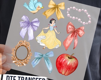 Watercolor Princess Snow White Bows DTF Transfer, Disney Girls Shirt Decal Ready To Press