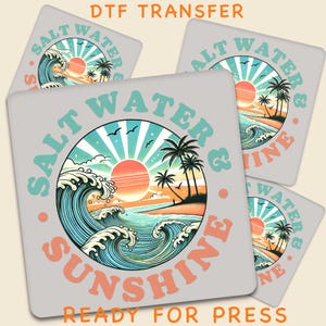 Retro Summer Design DTF Transfer, Salt Water and Sunshine Ready To Press, Retro Beach Summer Shirt Design, Ocean Wave Palm Tree Sunset DTF image 1