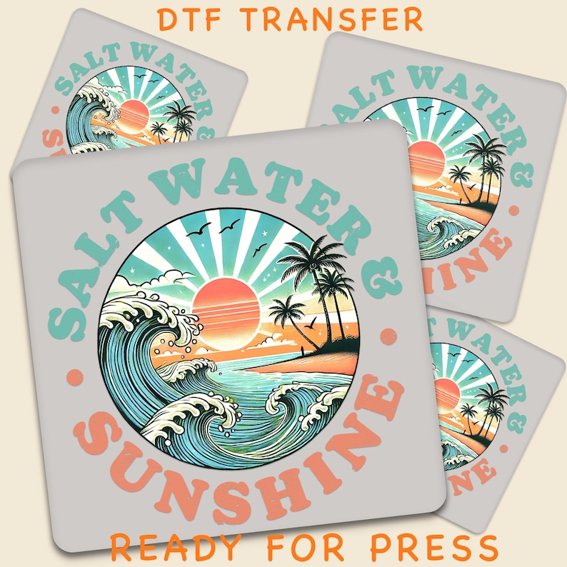Retro Summer Design DTF Transfer, Salt Water and Sunshine Ready To Press, Retro Beach Summer Shirt Design, Ocean Wave Palm Tree Sunset DTF image 1