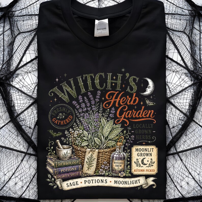 May include: A black t-shirt featuring a graphic print with the text Witch's Herb Garden. The design includes a woven basket of herbs, a mortar and pestle, stacked books labeled Herbology, Potions, and Plants & Spells, and a bottle of Witches Brew.
