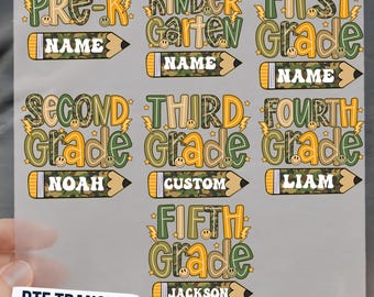 May include: A sheet of DTF transfers featuring school grade levels from Pre-K to Fifth Grade. Each design includes a pencil graphic with a name placeholder, camouflage and yellow patterns, lightning bolts, and smiley face icons throughout.