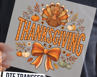Thanksgiving Turkey and Pumpkin Bow DTF Transfer, Cute Coquette Harvest Ready to Press Graphic