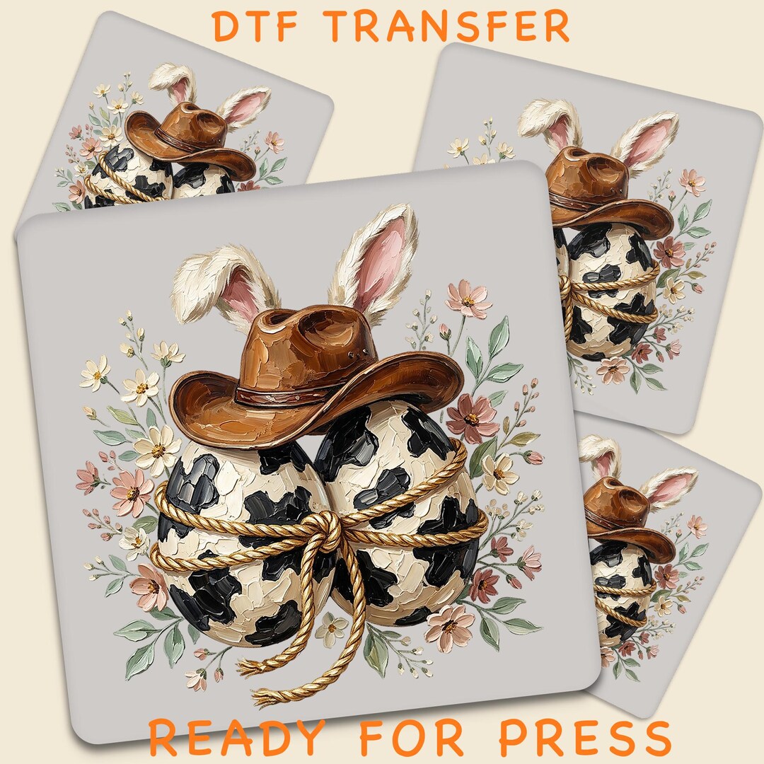 Western Easter DTF Transfer, Cow Print Bunny Eggs With Cowboy Hat ...