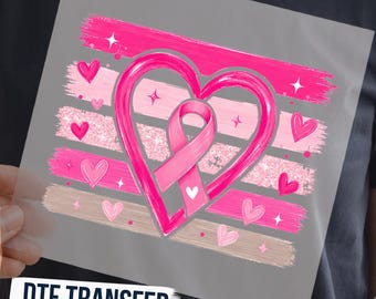 Pink Ribbon Heart Breast Cancer DTF Transfer, Sparkly Awareness Support Ready to Press Graphic