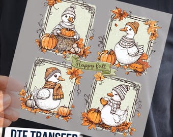 Happy Fall Goose DTF Transfer, Cozy Autumn Goose 4-Design Set Ready To Press, Pumpkin Season Animal Shirt Print, Cute Cottagecore Fall Vibes