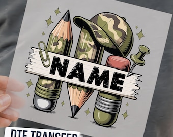 Custom Name Camo Pencil Back to School DTF Transfer, Boys Personalized School Iron On, Ready to Press