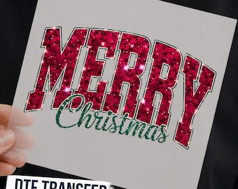 Glitter Merry Christmas DTF Transfer, Pink Sparkles Merry Christmas Rady To Press, Christmas Decal For Women, Xmas Presents, Ready For Ship