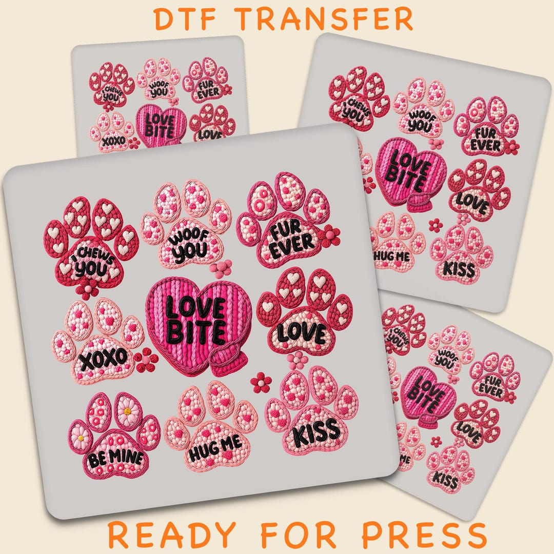 Dog Paw Valentine DTF Transfer, Faux Crochet Valentine Design Ready to ...