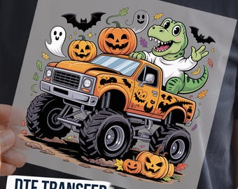 Halloween Dinosaur Monster Truck DTF Transfer, Pumpkin Ghost Boys Kids Ready to Press Graphic