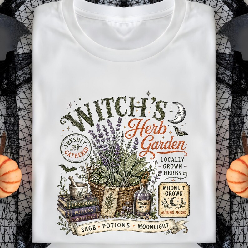 May include: A white t-shirt featuring a graphic print with the text Witch's Herb Garden. The design includes a basket of lavender and herbs, a stack of books, a mortar and pestle, a glass bottle labeled Witches Brew, and a crescent moon.