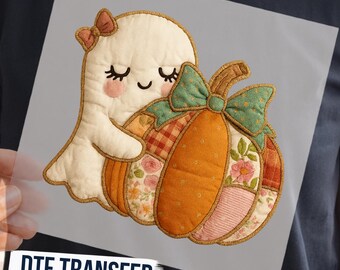 Patchwork Ghost and Pumpkin DTF Transfer, Ready To Press Cute Ghost Pumpkin Shirt Design, DTF For Halloween Shirt, Funny Ghost Decal