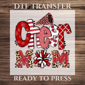 Cheer Mom DTF Transfer, Pom Pom Spirit Shirt Design for Cheer Moms, Cheerleader Mom Life Shirt Transfer, Leopard and Red Glitter Effect DTF