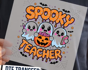 Spooky Teacher DTF Transfer, Ready to Press Halloween Design, Ghosts with Pencil and Book