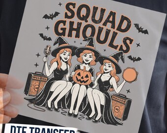Squad Ghouls DTF Transfer, Retro Witch Trio Halloween Shirt Print, Spooky Squad Matching Outfit Design Ready For Press