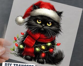 Grumpy Christmas Cat Design DTF Transfer, Black Cat Christmas Lights Ready To Press, Funny Christmas Cat Shirt Decal, Cat Lover Shirt Print