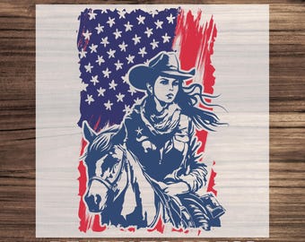 Patriotic Cowgirl 4th of July DTF Transfer, American Flag Western Woman Ready To Press, USA Independence Day DTF Transfer Design, Western
