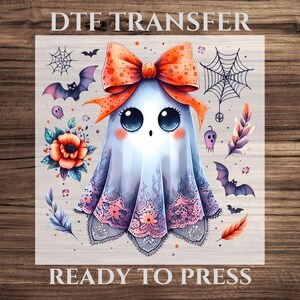 Cute Ghost with Bow Halloween DTF Transfer, Spooky Season Heat Press Design, Kawaii Ghost Girl Sublimation for Kids Shirt, Bow Ghost Decal