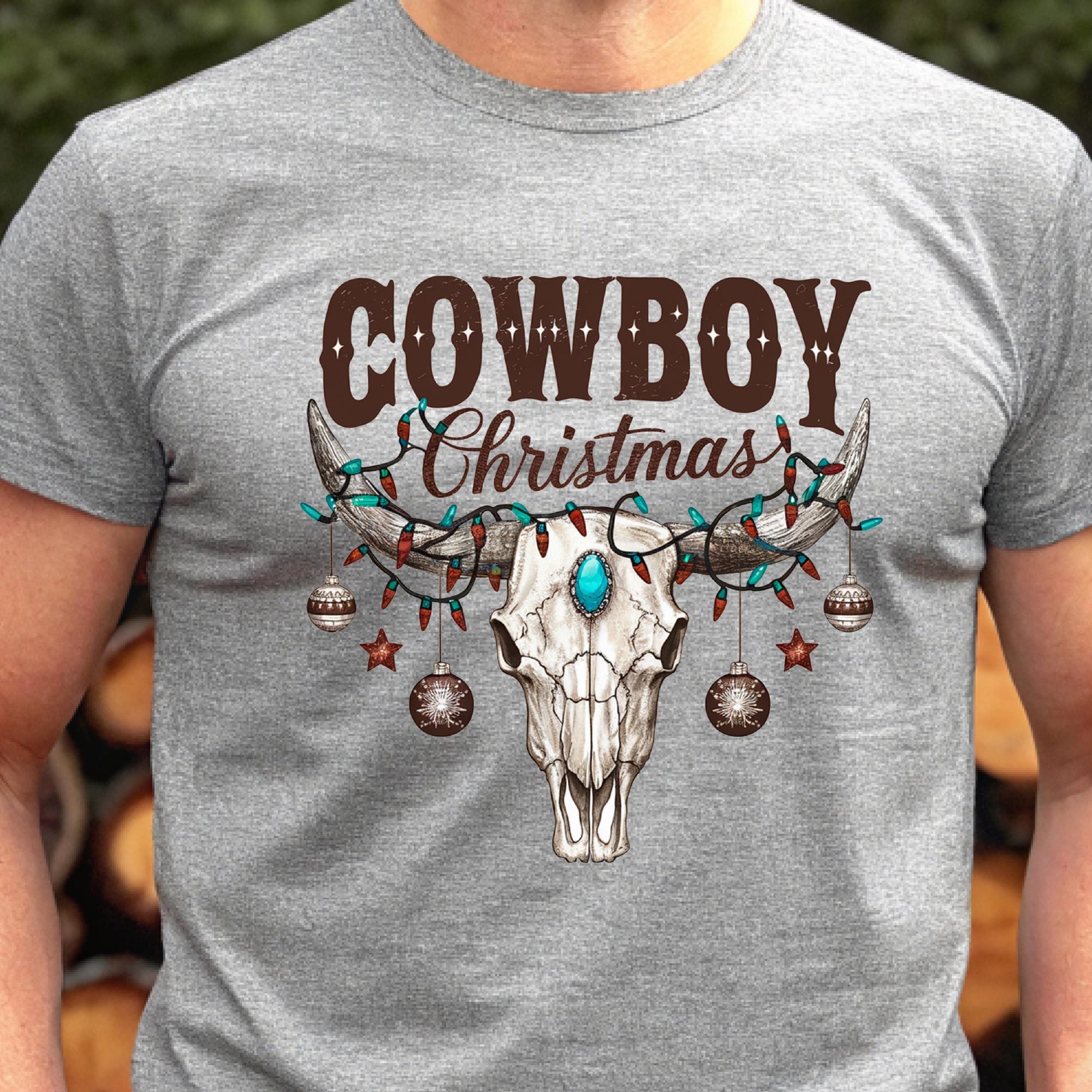Cowboy Christmas DTF Transfer, Western Bull Skull Holiday Design Ready ...