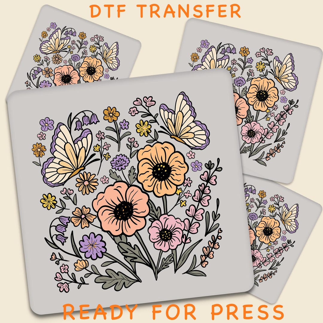 Wildflower Butterfly DTF Transfer, Ready to Press Floral Shirt Design ...