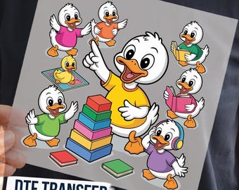 May include: A DTF transfer featuring a central white duck in a yellow shirt pointing upward next to a stack of colorful rectangular blocks. Surrounding the central figure are several smaller white ducks engaged in activities like reading books and wearing headphones.