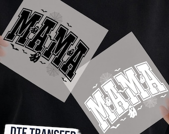 Mama Halloween Ghost DTF Transfer, Black or White Varsity Spiderweb Bats Spooky Ready to Press Graphic
