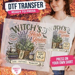 May include: A DTF transfer sheet featuring a graphic design titled Witch's Herb Garden. The illustration includes a woven basket of herbs, a mortar and pestle, stacked books, a potion bottle, a crescent moon, and text reading Freshly Gathered, Locally Grown Herbs, Moonlit Grown, Autumn Picked, Sage, Potions, and Moonlight.