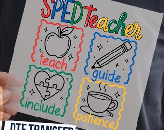 May include: A DTF transfer sheet featuring the text SPED Teacher in colorful letters. Four square frames contain line art of an apple, a pencil, a heart puzzle, and a coffee cup, with the words teach, guide, include, and patience below them.