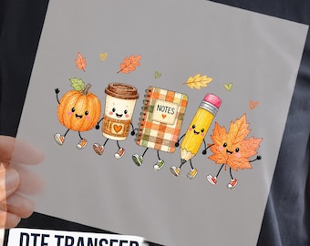 Cute Fall School DTF Transfer, Pumpkin Coffee Notebook Pencil Leaf Characters, Ready to Press