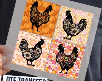May include: A DTF transfer sheet featuring four square designs of black chicken silhouettes filled with intricate floral patterns. The backgrounds include orange pumpkins, outlined gourds, light orange pumpkins, and a dense field of pink and yellow daisies.