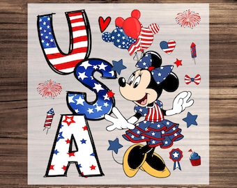 Minnie USA Patriotic DTF Transfer, 4th of July Patriotic Disney Characters Ready To Press, Disney Red White Blue Stars Design, Disney USA