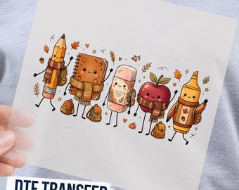 Cute Fall School Supplies Characters DTF Transfer, Fall Pencil Notebook Apple Ready to Press Graphic