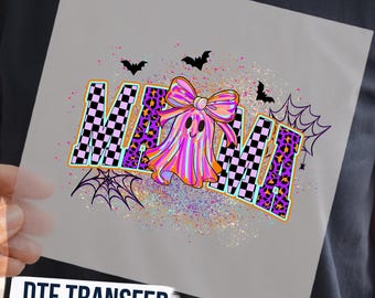 Spooky Mama DTF Transfer, Colorful Ghost with Bow Ready To Press, Retro Halloween Mama Shirt Decal, Cute Coquette Spooky Season Outfit Decal