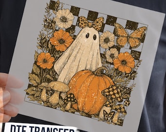 Vintage Fall Ghost with Pumpkin and Flowers DTF Transfer, Retro Halloween Ghost Design Ready To ress, Cute Spooky Girl Autumn Shirt Design
