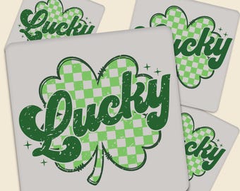 St Patricks Day Lucky DTF Transfer, Retro St Patricks Day Lucky Shamrock Ready For Press, Lucky Shamrock with Checkered Background Design