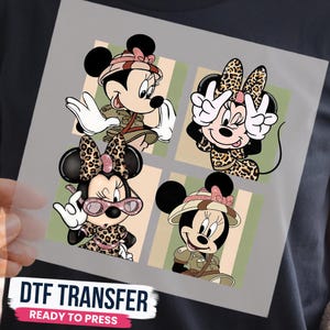 Transfert DTF Disney Minnie Safari Adventure, imprimé léopard et tenue safari, autocollants Minnie look safari, autocollant Minnie sauvage