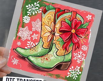 Cowgirl Christmas DTF Transfer, Colorful Christmas Cowgirl Boots Design Ready To Press, Western Holiday Boot Heat Press, DTF For Cowgirl