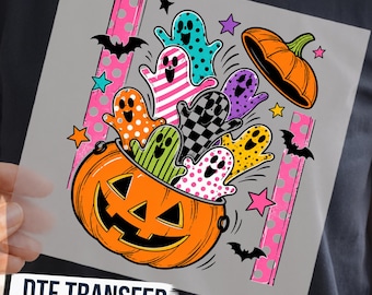 Colorful Ghost Pumpkin Bucket Halloween DTF Transfer, Cute Kids Spooky Ready to Press Graphic