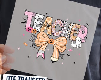 Spooky Teacher Hallowen DTF Transfer, Cute Pumpkin Pencil Bow Ready To Press, DTF Transfer for Halloween Teacher Shirt, Fall Teacher Decal
