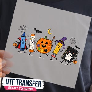 May include: A DTF transfer featuring a cartoon Halloween design with a blue crayon vampire, a mummy glue stick, an orange pumpkin paint palette, a yellow pencil witch, and a black spiral notebook with a ghost, surrounded by bats and spiderwebs.