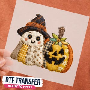 Patchwork Effect Halloween DTF Transfer, Patchwork Style Pumpkin and Ghost Ready To Press, Quilted Halloween Applique Decal, Quilt Style DTF