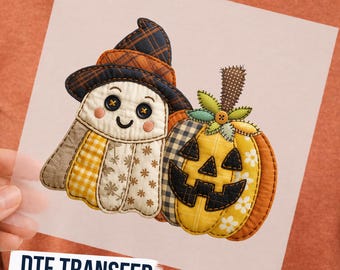 Patchwork Effect Halloween DTF Transfer, Patchwork Style Pumpkin and Ghost Ready To Press, Quilted Halloween Applique Decal, Quilt Style DTF