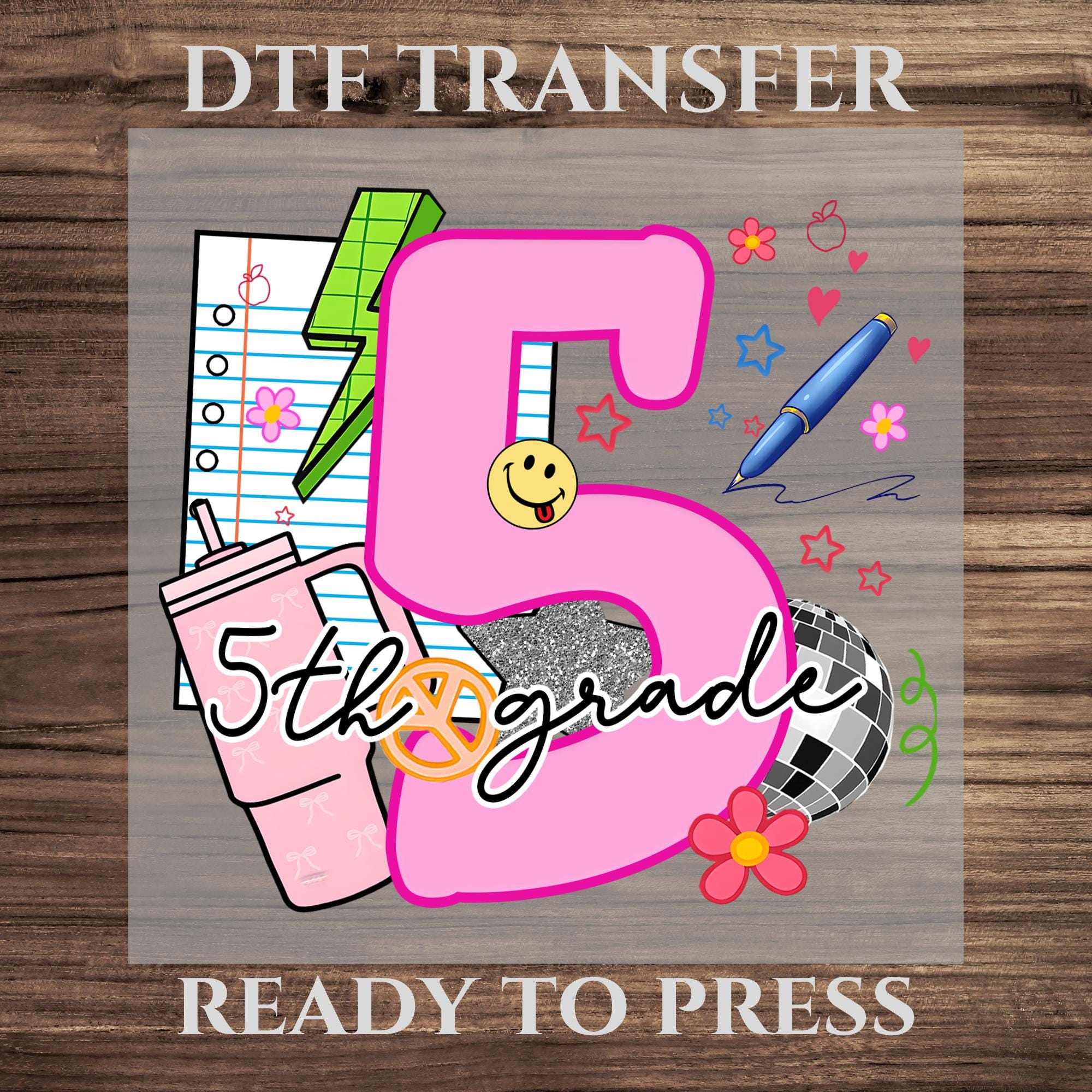 5th Grade Back to School DTF Transfer, Retro Teacher and Student Shirt Design Ready To Press, School İcons Heat Transfer, Smiley Face Decal