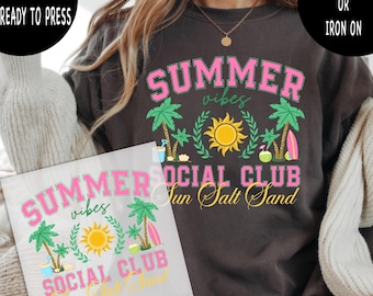Summer Vibes Social Club DTF Transfer, Sun Salt Sand Beach Design Ready To Press, Heat Press or Iron On
