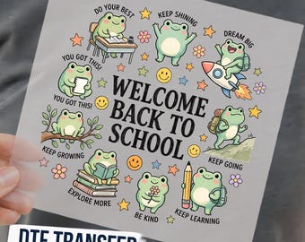 May include: A square DTF transfer sheet featuring the text WELCOME BACK TO SCHOOL in the center, surrounded by illustrations of light green frogs engaged in various activities like reading, writing, and riding a rocket, with stars and flowers.