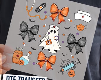 Transfert Coquette Halloween Infirmière DTF, Infirmière fantôme rétro mignonne prête à imprimer, Autocollant médical d'automne effrayant, Modèle de t-shirt d'infirmière pour Halloween