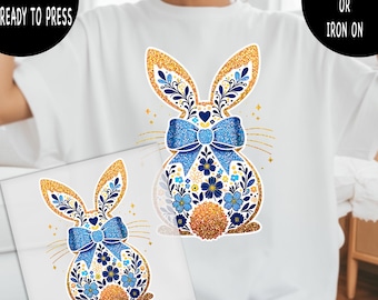 Easter Bunny DTF Transfer, Glitter Effect Easter Rabbit Shirt Design Ready To Press, Floral Folk Art Bunny Gang Sheet, Elegant Easter Bunny
